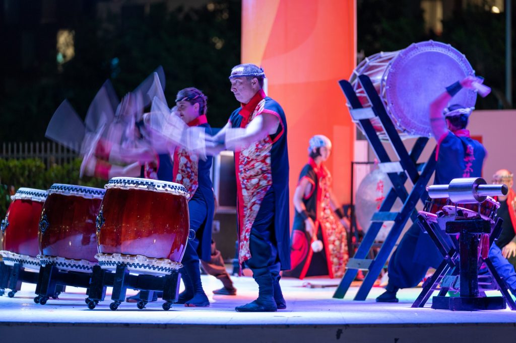 Drummers of Fushu Daiko perform during the Lunar New Year Festival on the Lakeside Patio on Feb. 7, 2022.