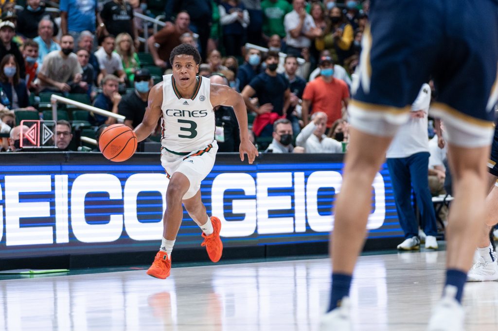 Sixth-year senior guard Charlie Moore drives downcourt  during the final minutes of the second half of Miami’s game versus Notre Dame in The Watsco Center on Feb. 2, 2022.