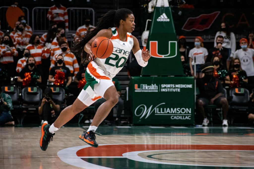 Graduate student Kelsey Marshall dribbles downcourt in Miami's game against Syracuse in the Watsco Center on Feb. 4, 2022.