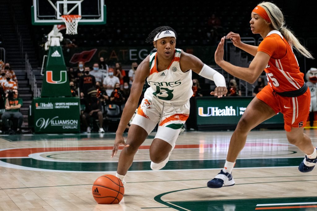 Freshman guard Lashae Dwyer drives to the basket during the second quarter of Miami’s game versus Syracuse in The Watsco Center on Feb. 3, 2022.