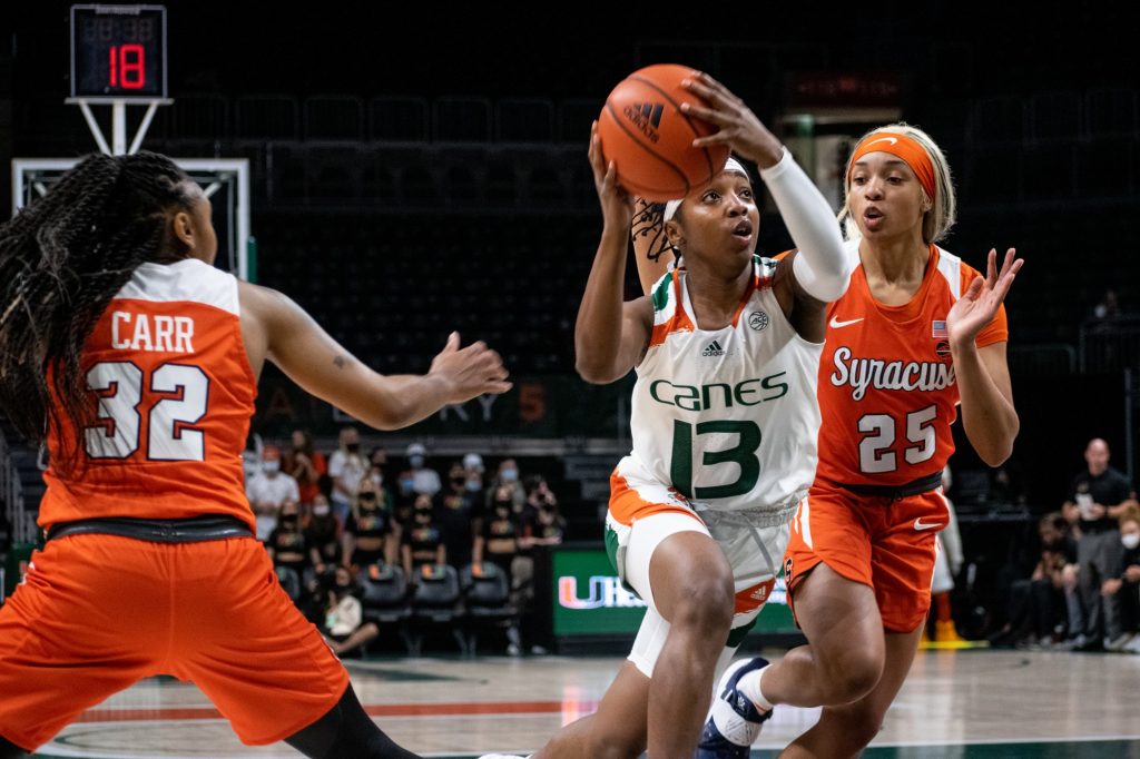 Freshman guard Lashae Dwyer drives down the right side of the lane against Syracuse on Thursday, Feb. 3, 2022 at the Watsco Center.