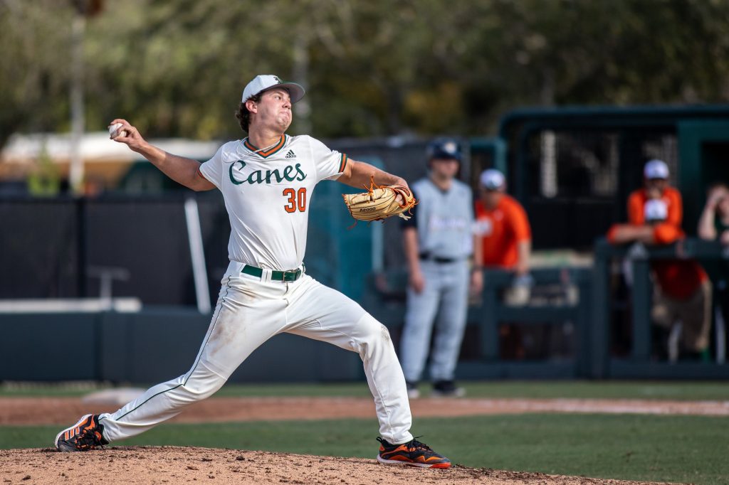 Freshman Karson Ligon pitches in relief in Miami's doubleheader against Towson on Saturday, Feb. 19, 2022 at Mark Light Field.
