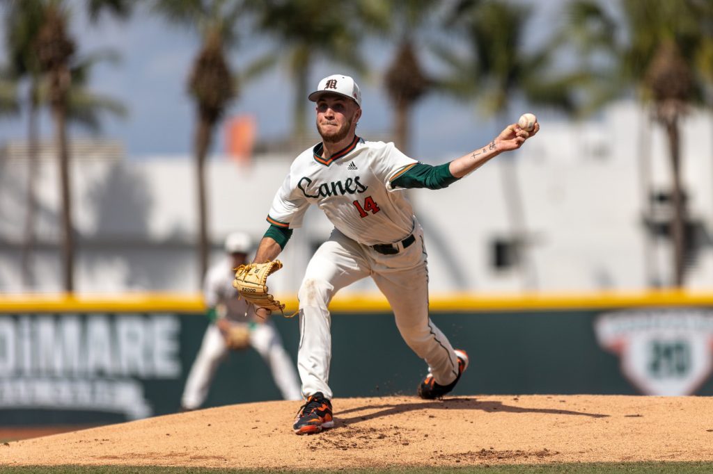 Sophomore pitcher Carson Palmquist throws a pitch during the second inning of Miami's win over Towson on Saturday, Feb. 19 at Mark Light Stadium. Palmquist threw five innings and had a career high 7 strikeouts.