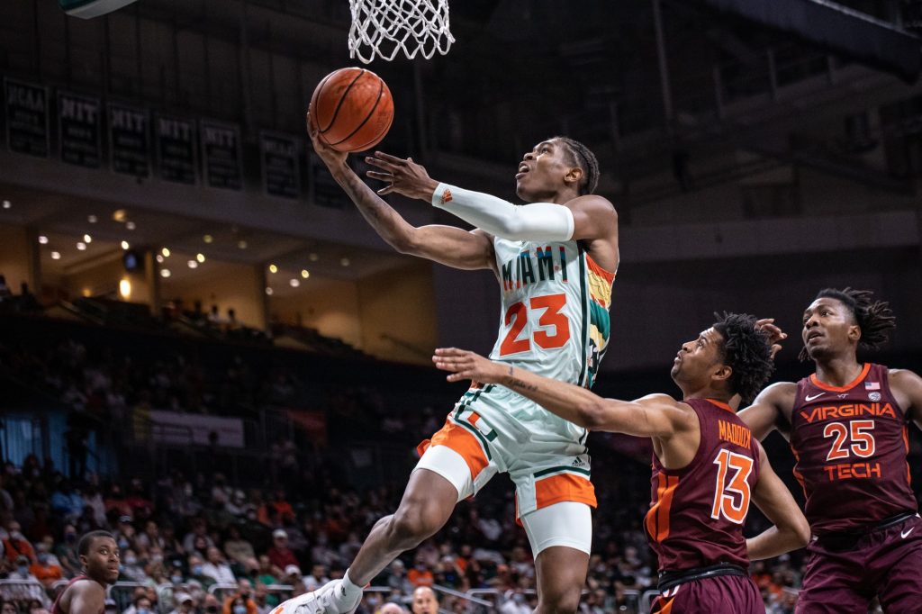Sixth-year redshirt senior Kameron McGusty attempts a layup during the second half of Miami's loss against Virginia Tech on Saturday, Feb. 26, 2022 at the Watsco Center. McGusty had a team high 15 points and 4 steals.