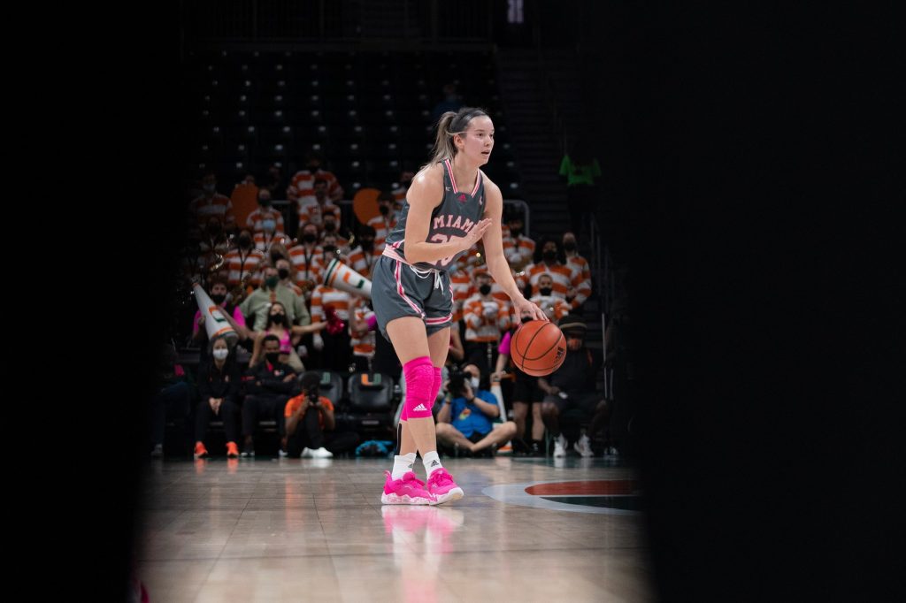 Senior guard Karla Erjavec brings the ball downcourt during the first quarter of Miami’s game versus Florida State in The Watsco Center on Feb. 13, 2022.
