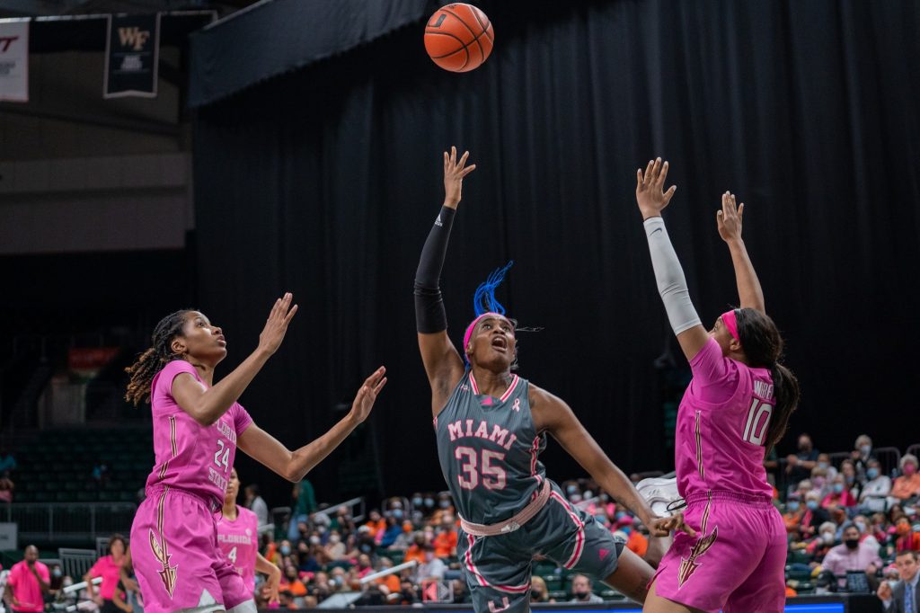 Senior forward Naomi Mbandu lays up the ball during the first quarter of Miami’s game versus Florida State in The Watsco Center on Feb. 13, 2022.