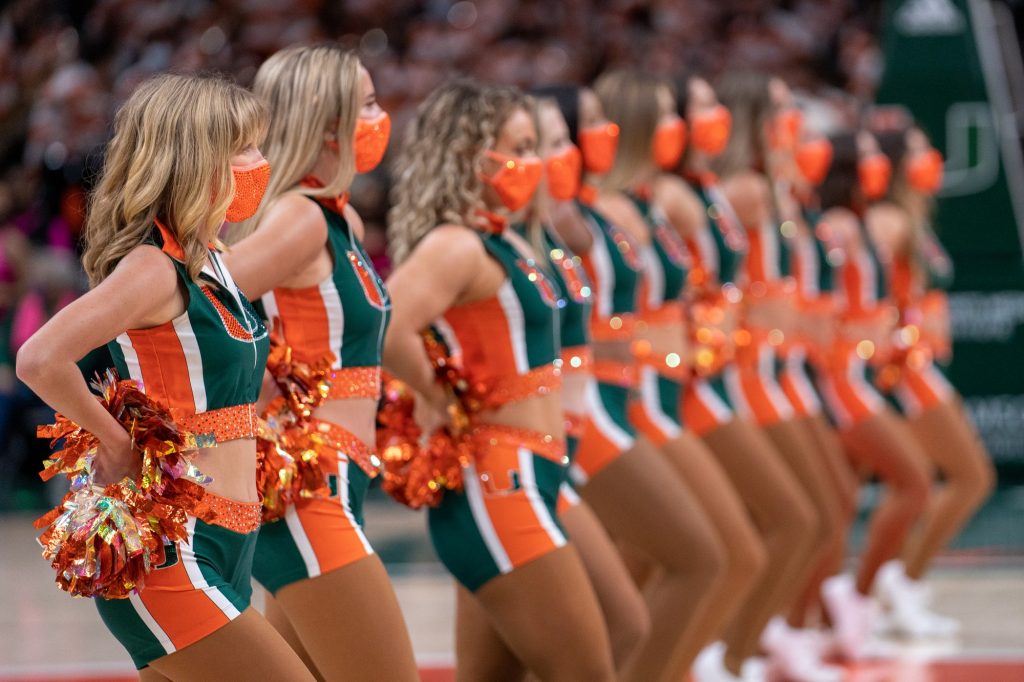 The Hurricanettes perform during a timeout in the third quarter of Miami’s game versus Florida State in The Watsco Center on Feb. 13, 2022.