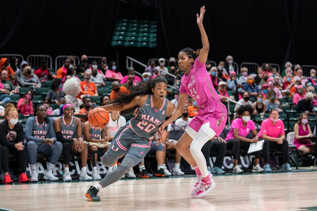 Graduate guard Kelsey Marshall drives to the basket during the third quarter of Miami’s game versus Florida State in The Watsco Center on Feb. 13, 2022.