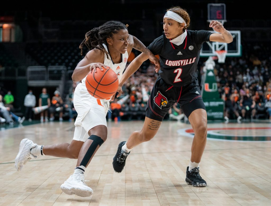 Senior guard Mykea Gray drives to the basket during the second quarter of Miami’s game versus Louisville in The Watsco Center on Feb. 1, 2022.