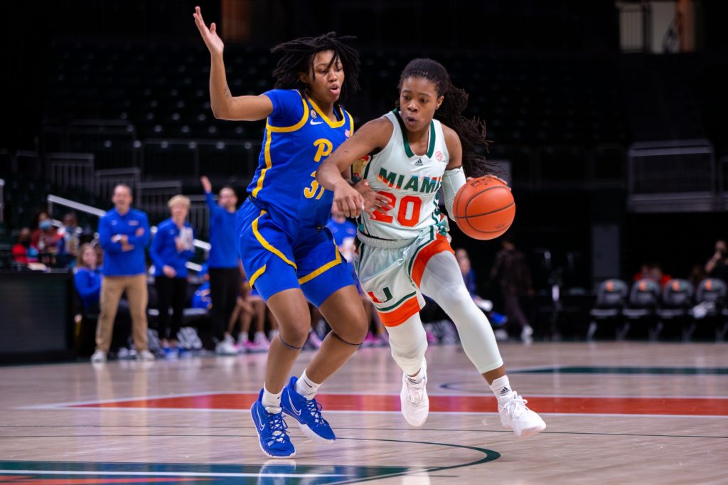 Graduate guard Kelsey Marshall drives to the basket in the third quarter of Miami's game versus Pittsburgh in The Watsco Center on Feb. 17, 2022.