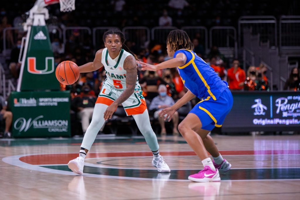 Senior guard Mykea Gray sets up a play in the first quarter of Miami’s game versus the Pittsburgh Panthers on Feb. 17, 2022 at the Watsco Center.