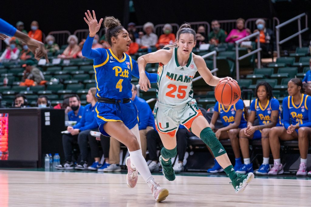 Senior guard Karla Erjavec drives to the basket during the first quarter of Miami’s game versus Pittsburgh in The Watsco Center on Feb. 17, 2022.