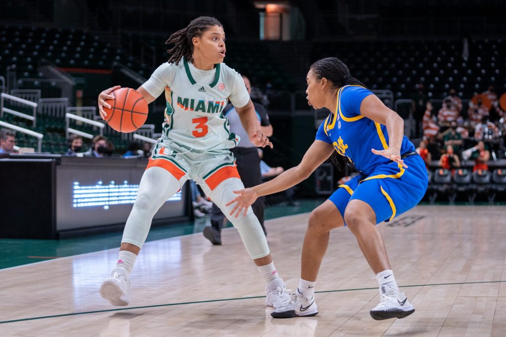 Redshirt senior forward Destiny Harden looks for an open teammate during the first quarter of Miami’s game versus Pittsburgh in The Watsco Center on Feb. 17, 2022.
