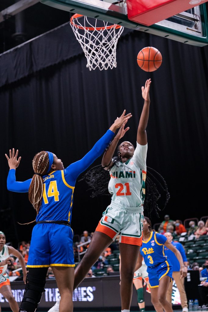 Junior forward Lola Pendande lays up the ball during the first quarter of Miami’s game versus Pittsburgh in The Watsco Center on Feb. 17, 2022.