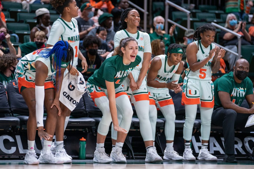 The Miami bench celebrates during the third quarter of their game versus Pittsburgh in The Watsco Center on Feb. 17, 2022.