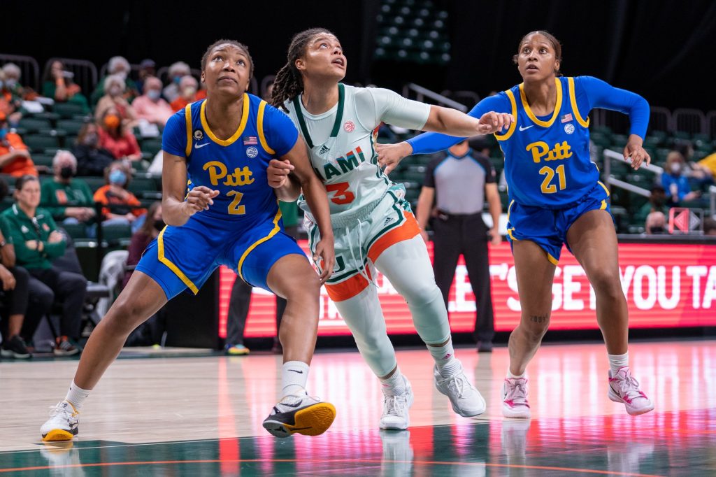 Redshirt senior forward Destiny Harden attempts to box out Pittsburgh players during a free throw in the third quarter of Miami’s game versus Pittsburgh in The Watsco Center on Feb. 17, 2022.