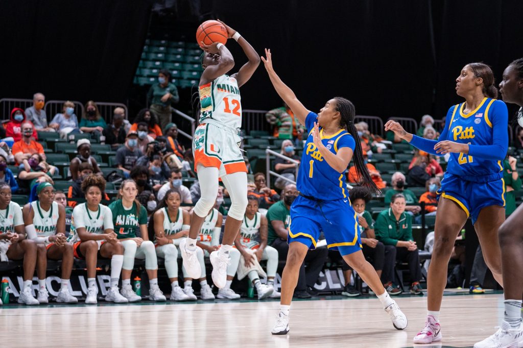 Freshman guard Ja’Leah Williams shoots a jump shot during the third quarter of Miami’s game versus Pittsburgh in The Watsco Center on Feb. 17, 2022.