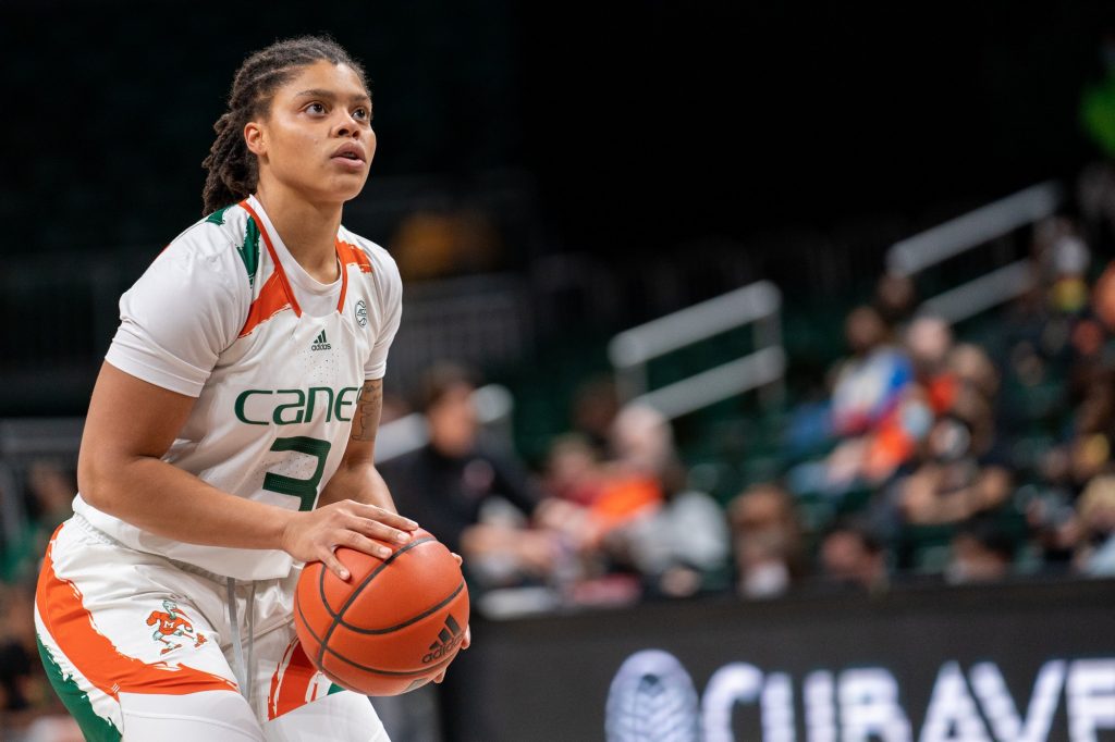 Redshirt senior forward Destiny Harden prepares to shoot a free throw during the first quarter of Miami’s game versus Syracuse in The Watsco Center on Feb. 3, 2022.