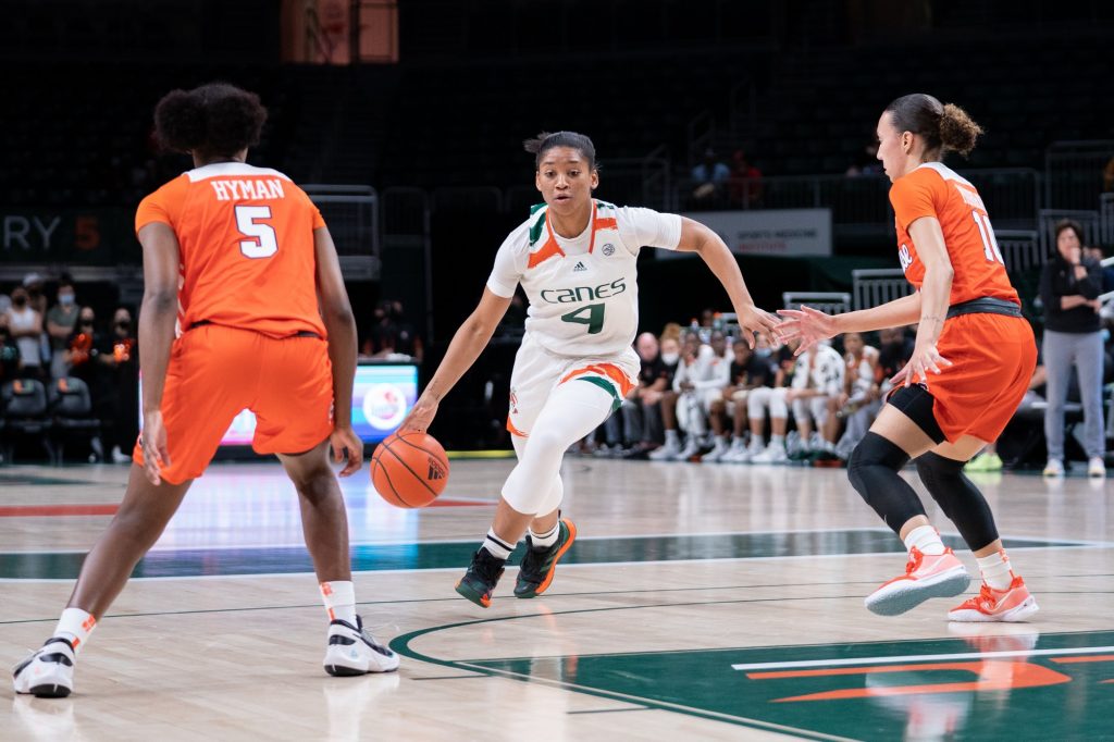 Freshman guard Jasmine Roberts drives to the basket during the first quarter of Miami’s game versus Syracuse in The Watsco Center on Feb. 3, 2022.