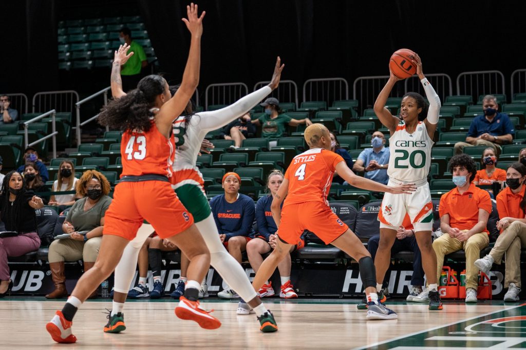 Graduate student guard Kelsey Marshall looks for an open teammate during the second quarter of Miami’s game versus Syracuse in The Watsco Center on Feb. 3, 2022.