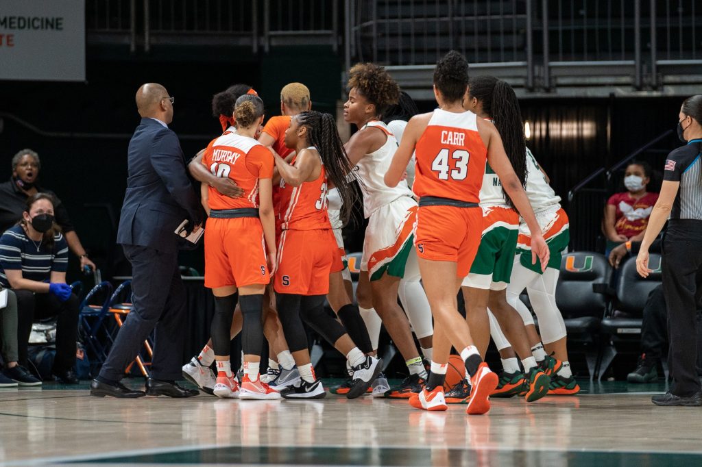 Miami and Syracuse players scuffle in the third quarter of Miami’s game versus Syracuse in The Watsco Center on Feb. 3, 2022. Intentional fouls were called on players from both teams, and Syracuse guard Najé Murray was ejected from the game.