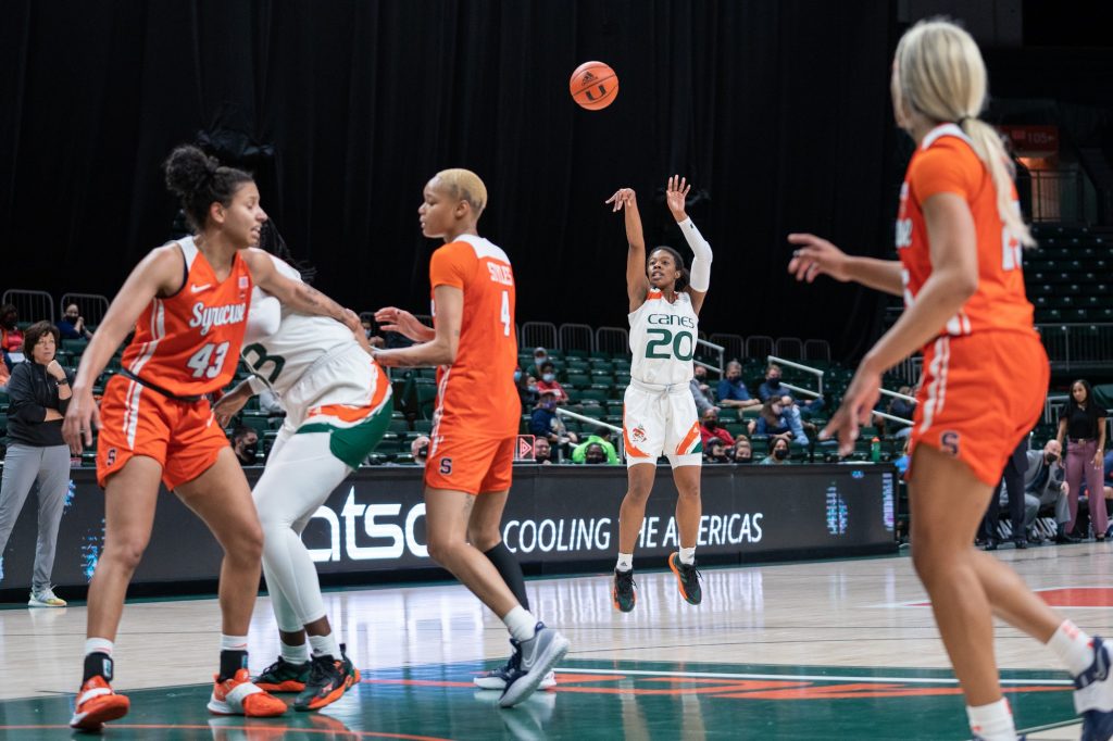 Graduate student guard Kelsey Marshall shoots a jump shot during the fourth quarter of Miami’s game versus Syracuse in The Watsco Center on Feb. 3, 2022.