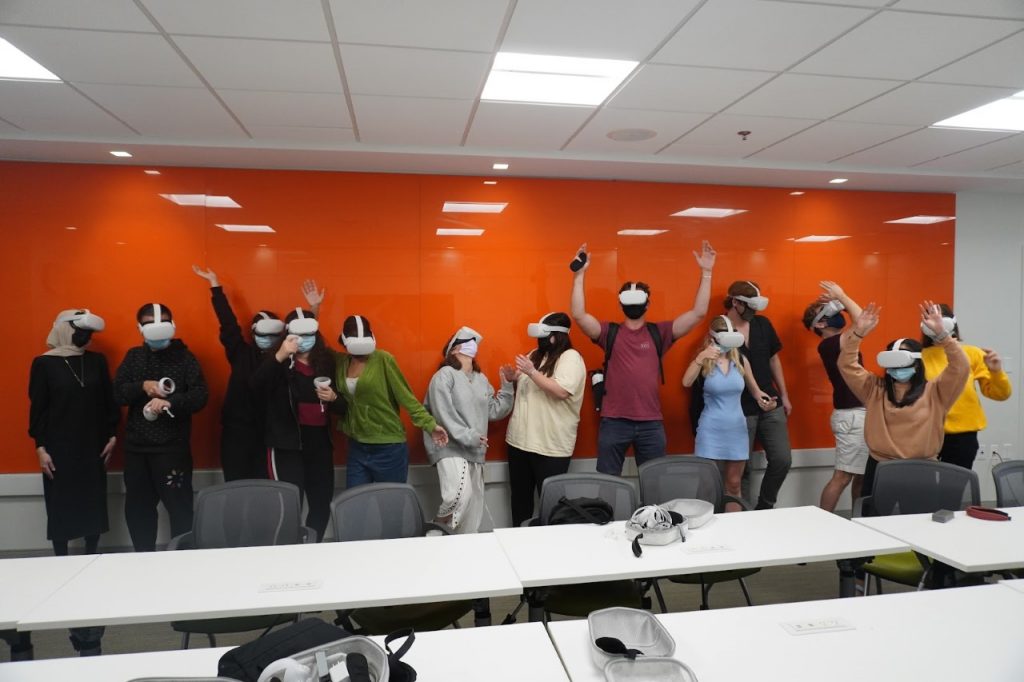 Students experience virtual reality headsets for the first time in Religion and Sacred Space in the Era of Virtual Reality and Artificial Intelligence on Feb. 3.