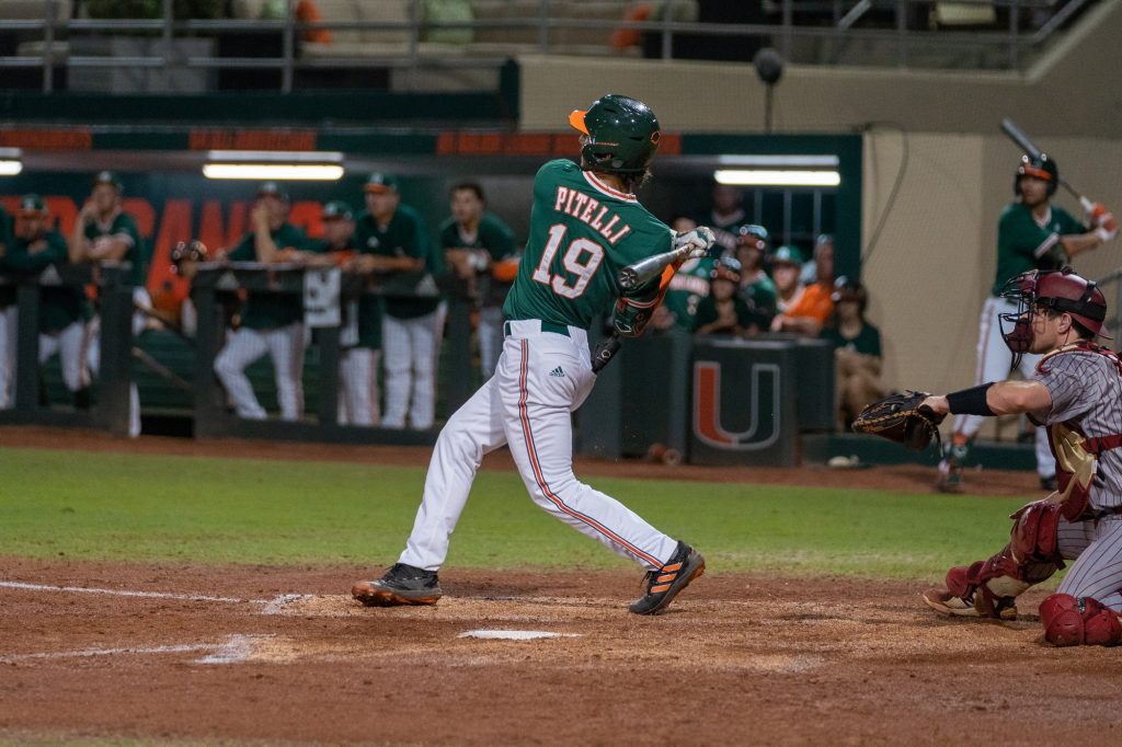 Sophomore infielder Dominic Pitelli hits a home run in the bottom of the second inning of Miami’s game versus Boston College at Mark Light Field on March 11, 2022. Pitelli’s home run cut Miami’s deficit to 4 runs.