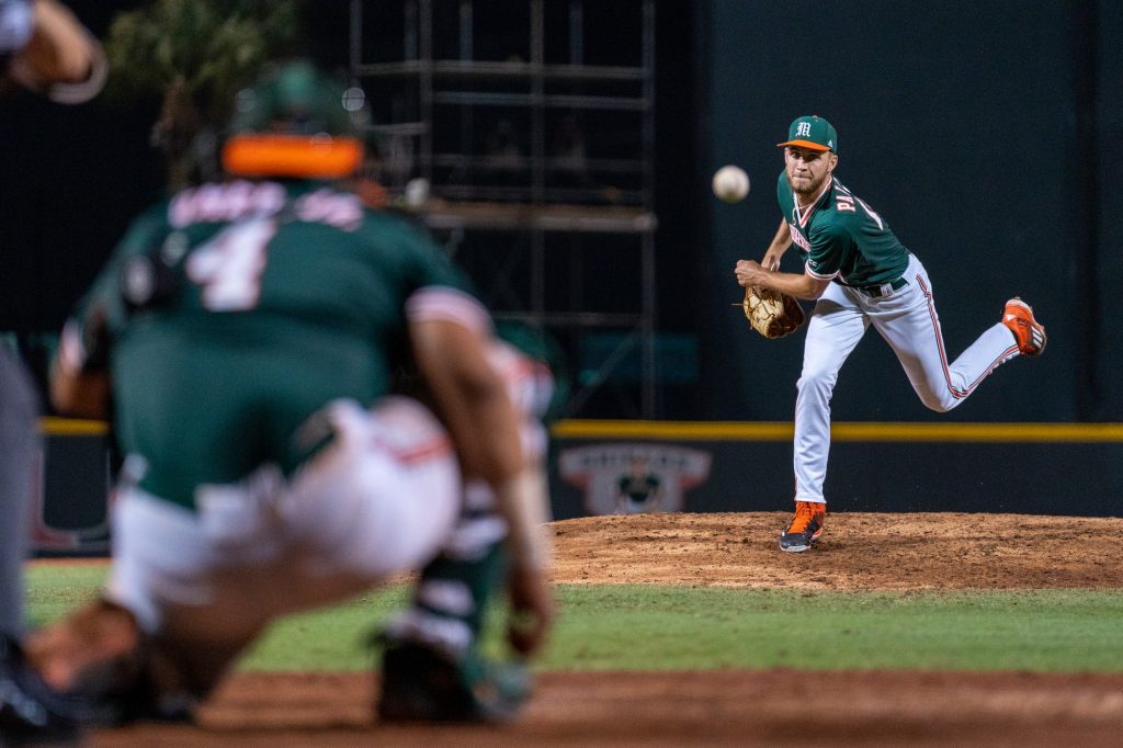 Sophomore pitcher Carson Palmquist pitches at the top of the fourth inning of Miami’s game versus Boston College at Mark Light Field on March 11, 2022.