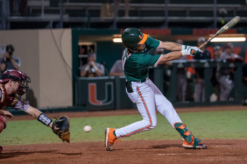 Sophomore catcher and designated hitter Carlos Perez strikes out in the bottom of the ninth, ending Miami’s comeback attempt during their game versus Boston College at Mark Light Field on March 11, 2022. The Canes fell 11-12 to the Eagles.