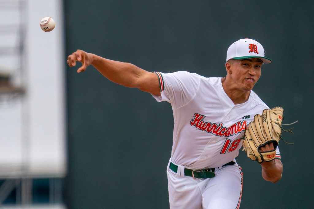 Sophomore pitcher Alex McFarlane pitches at the top of the fifth inning of Miami’s game versus Boston College at Mark Light Field on March 13, 2022.