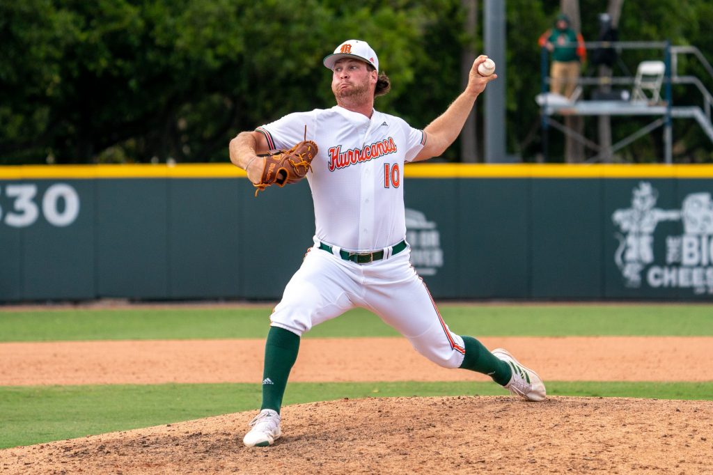 Junior pitcher JP Gates pitches in the top of the ninth inning of Miami’s game versus Boston College at Mark Light Field on March 13, 2022.