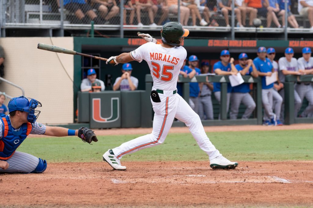 Sophomore infielder Yohandy Morales hits a ground ball to the shortstop, who threw to second for the third out in the bottom of the third inning of Miami’s game versus Florida at Mark Light Field on March 6, 2022.