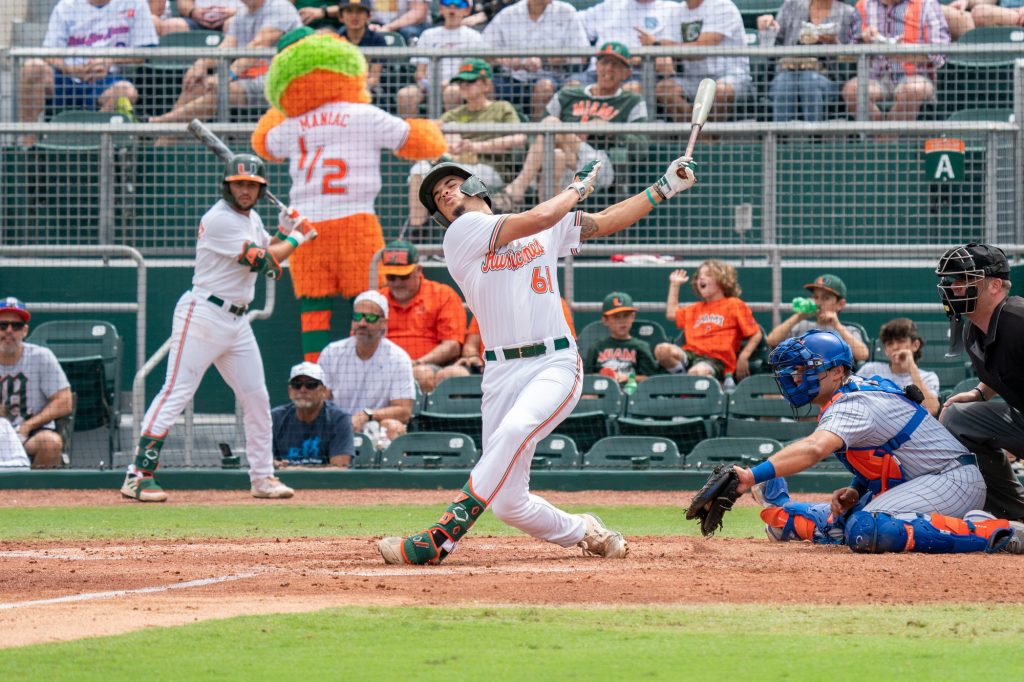 Sophomore catcher Carlos Perez strikes out in the bottom of the second inning of Miami’s game versus Florida at Mark Light Field on March 6, 2022.