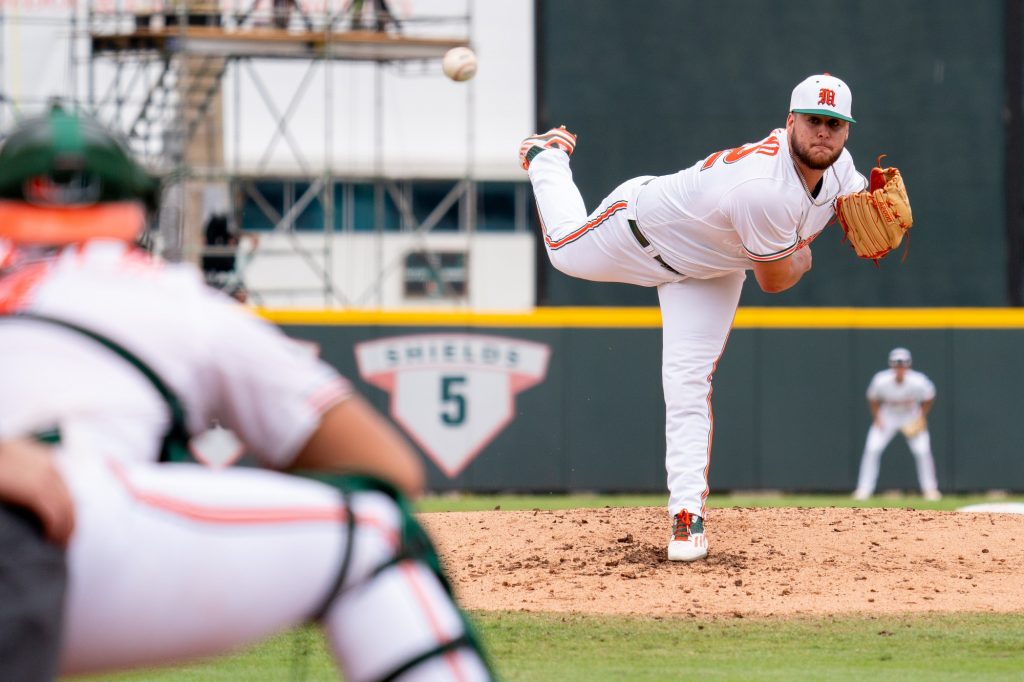 Sophomore pitcher Jake Garland pitches at the top of the third inning of Miami’s game versus Florida at Mark Light Field on March 6, 2022.