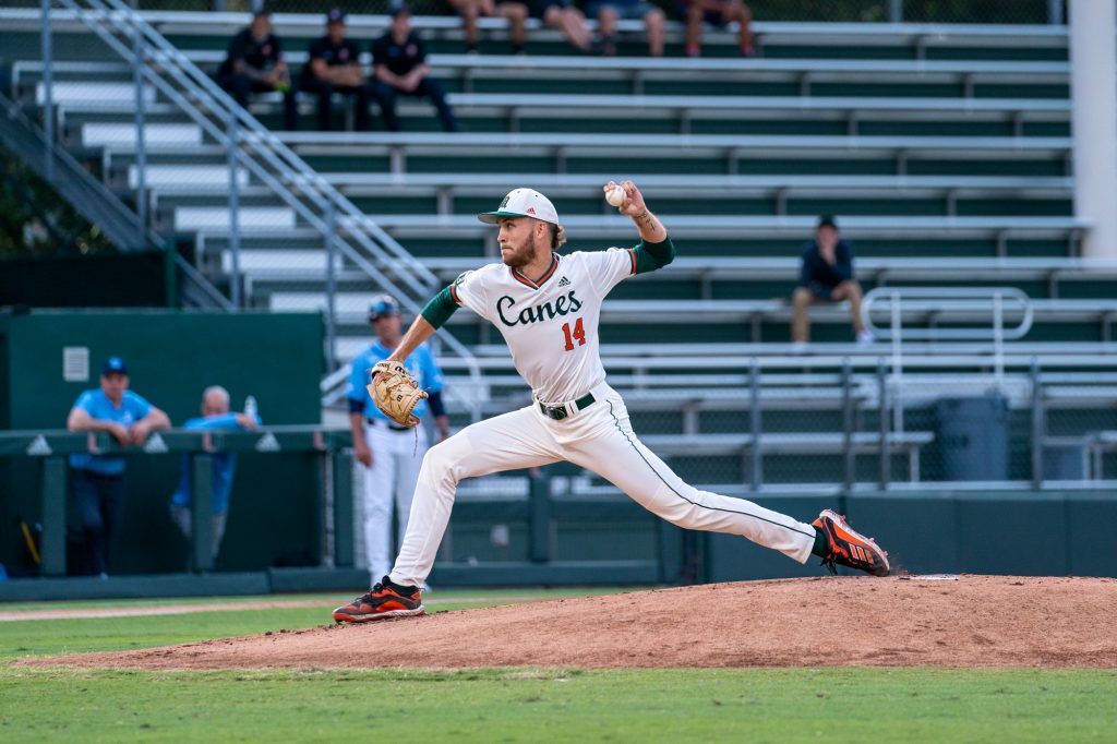 Sophomore pitcher Carson Palmquist pitches in the top of the first inning of Miami’s game versus the University of North Carolina at Chapel Hill at Mark Light Field on March. 25, 2022.