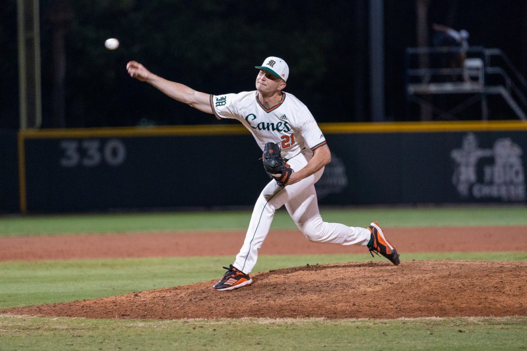Sophomore pitcher Andrew Walters pitches at the top of the ninth inning of Miami’s game versus the University of North Carolina at Chapel Hill at Mark Light Field on March. 25, 2022.