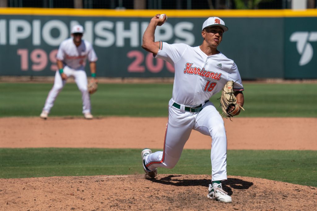 Sophomore pitcher Alex McFarlane pitches at the top of the eighth inning of Miami’s game versus the University of North Carolina at Chapel Hill at Mark Light Field on March 27, 2022.