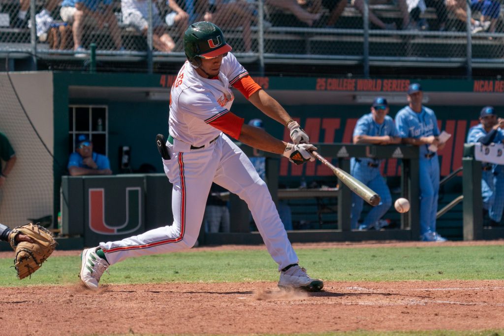 Sophomore infielder Yohandy Morales hits in the bottom of the sixth inning of Miami’s game versus the University of North Carolina at Chapel Hill at Mark Light Field on March 27, 2022.