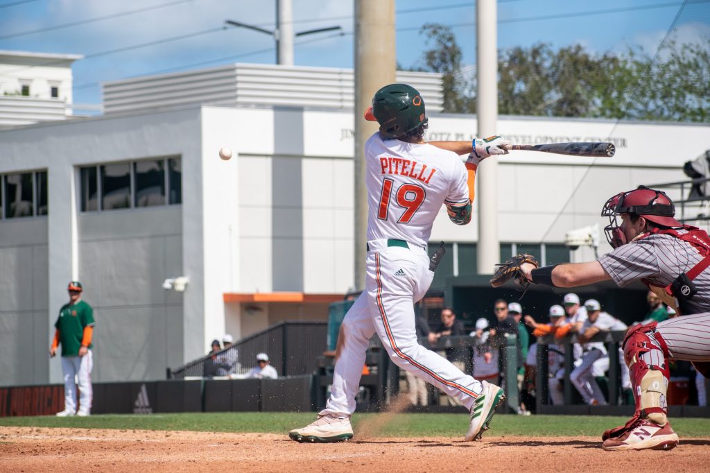 Sophomore infielder Dominic Pitelli hits in Miami's game against Boston College at Mark Light Field on March. 12, 2022.