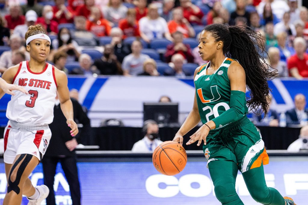 Graduate guard Kelsey Marshall dribbles in the frontcourt in Miami's 60-47 loss to No. 3 NC State in the ACC Tournament championship game on Sunday, March 6, 2022 at the Greensboro Coliseum in Greensboro, North Carolina.