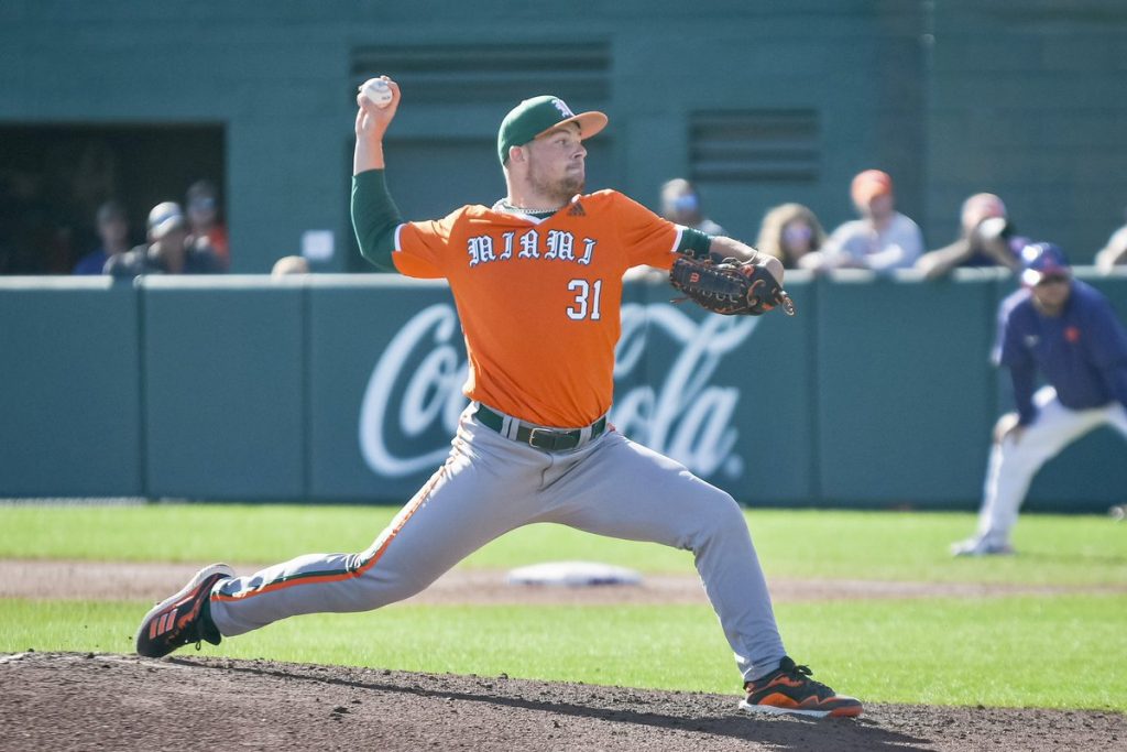Freshman relief pitcher Gage Ziehl throws a pitch during Miami's 4-1 win over Clemson on Saturday, March 19, 2022 at Doug Kingsmore Stadium.