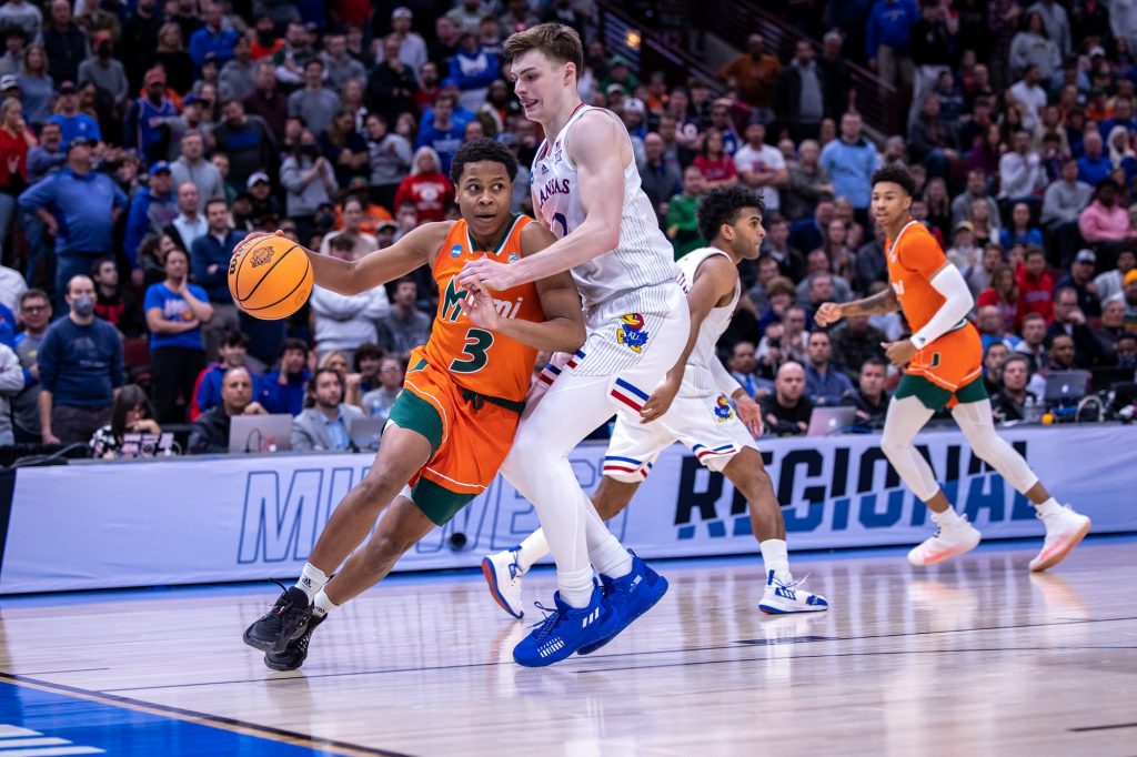 Sixth-year redshirt senior guard Charlie Moore penetrates in Miami's 76-50 loss to top-seeded Kansas in the Elite Eight on Sunday, March 27, 2022 at the United Center in Chicago.