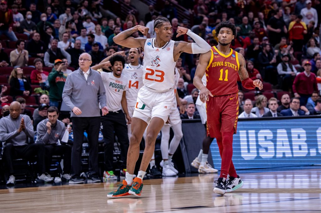 Sixth-year redshirt senior Kameron McGusty flexes after hitting a shot in Miami's win over Iowa State in the Sweet 16 of the NCAA tournament on Friday, March 25, 2022 at the United Center in Chicago, Illinois. McGusty scored a game high 27 points in Miami's 14 point victory.