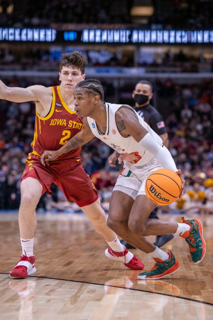 Sixth-year redshirt senior Kameron McGusty begins his drive toward the basket in Miami's 70-56 win over Iowa State in the NCAA Sweet 16 at the United Center in Chicago, Illinois on Saturday, March 26, 2022.