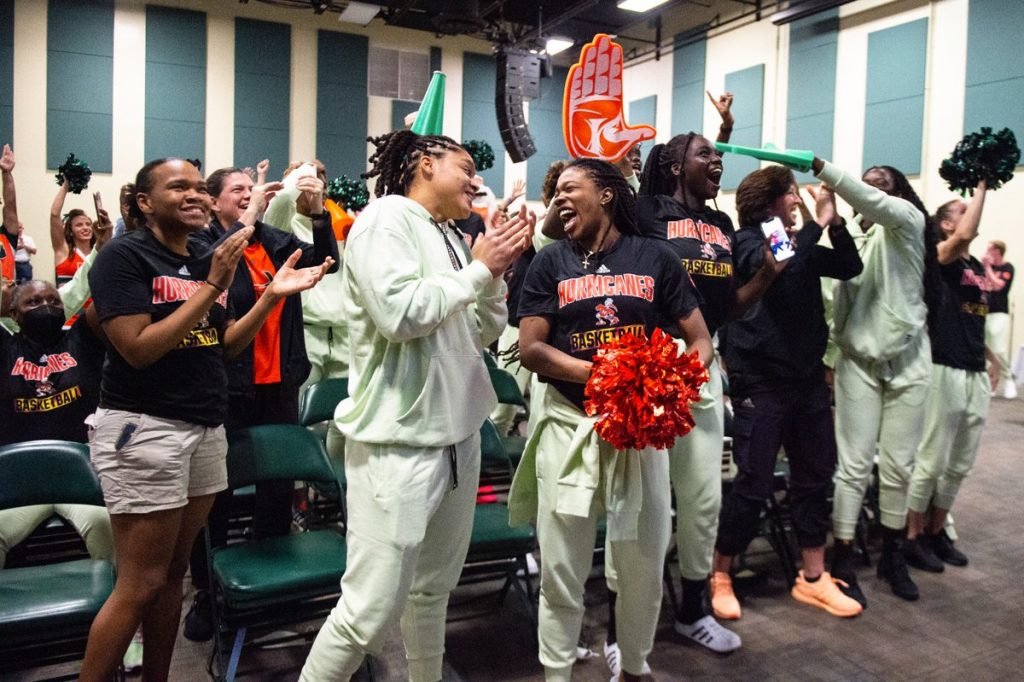 Miami women's basketball team celebrates after finding out its been chosen to play in the NCAA Tournament at the Fieldhouse Multipurpose Room on March 13, 2022.