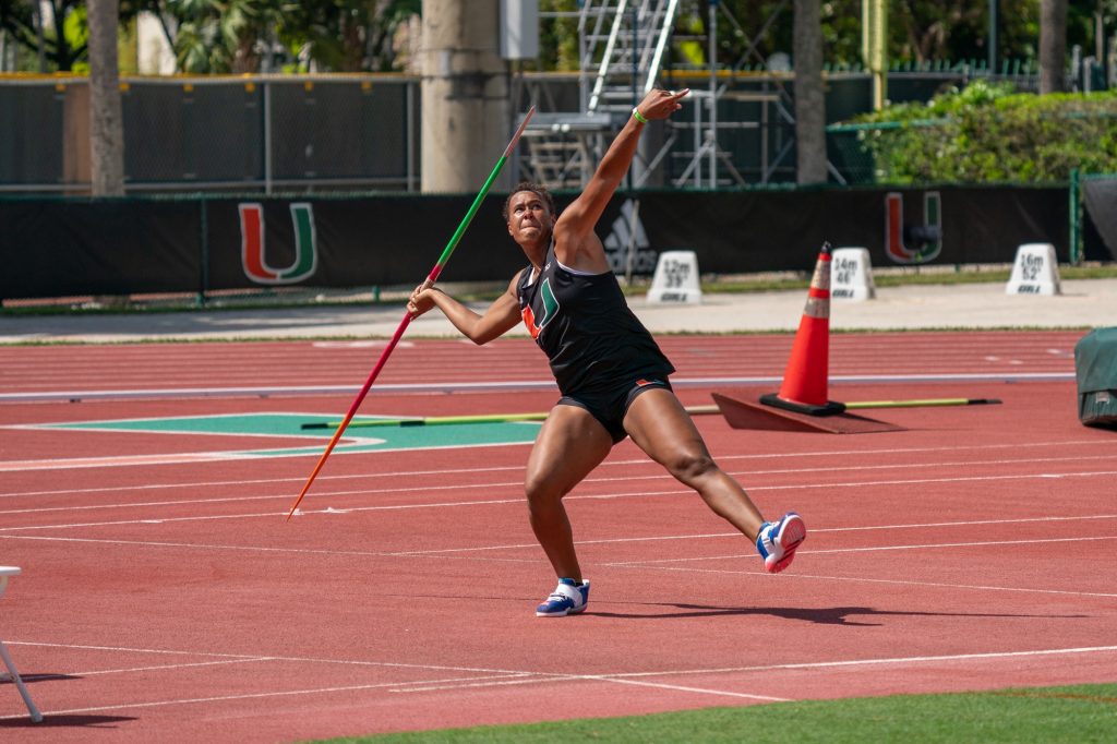 Freshman Erikka Hill throws in the Women’s Javelin Throw event at the Hurricane Invitational at Cobb Stadium on March 19, 2022. Hill earned second place, throwing for a distance of 47.01 meters, breaking 16-year-old team record.
