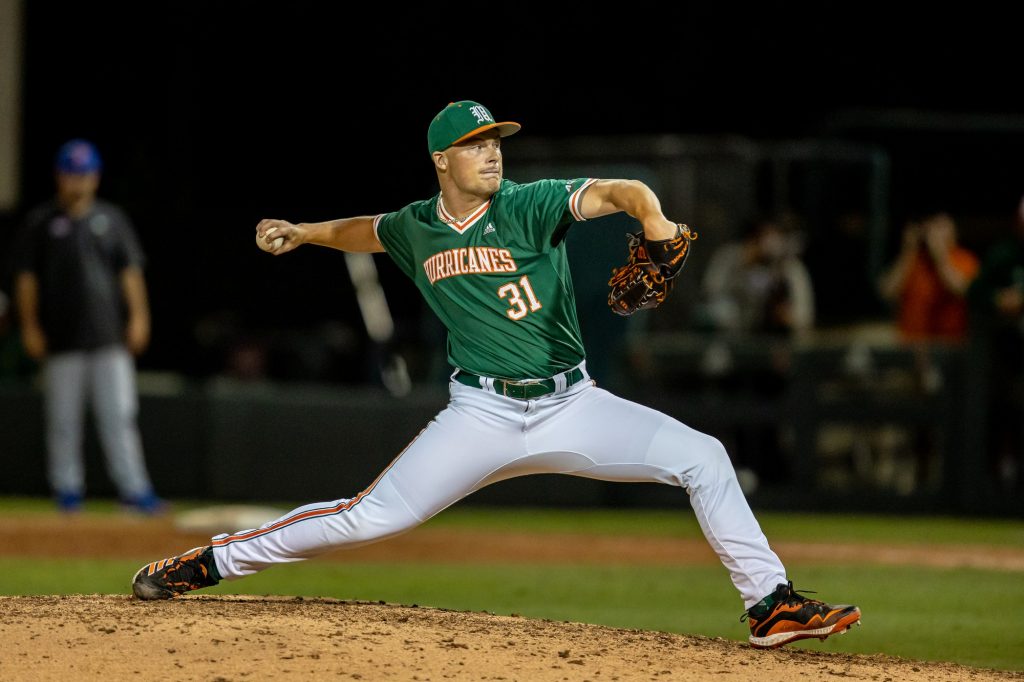 Freshman pitcher Gage Ziehl throws a pitch during the sixth inning of Miami's win over Florida on Friday, March 4, 2022 at Mark Light Field.