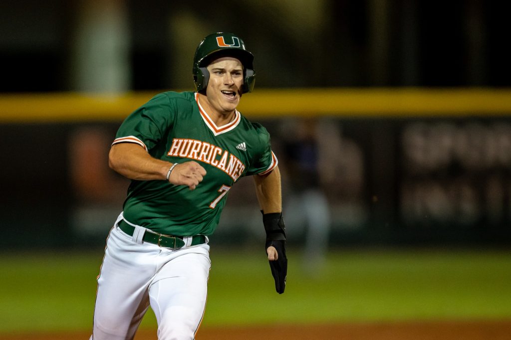 Sophomore outfielder Jacob Burke sprints around the bases to score a run for Miami in their 5-2 win over Florida on Friday, March 4, 2022 at Mark Light Field.