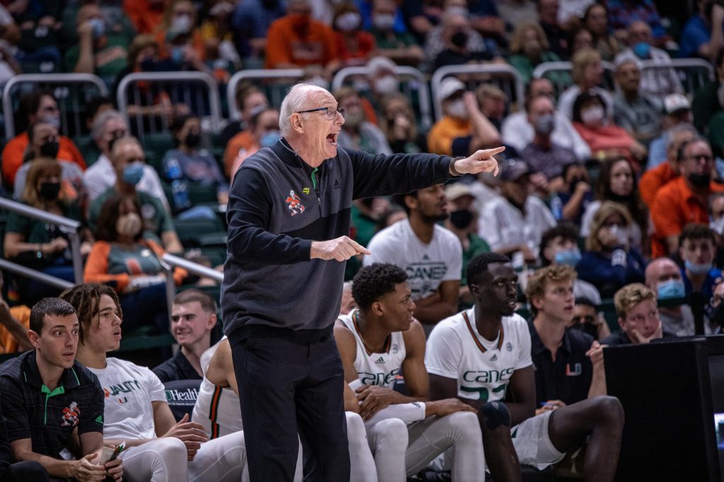 Head coach Jim Larrañaga shouts plays out to Miami in the closing minutes of Miami's loss to Virginia on Saturday, Feb. 19 at the Watsco Center.